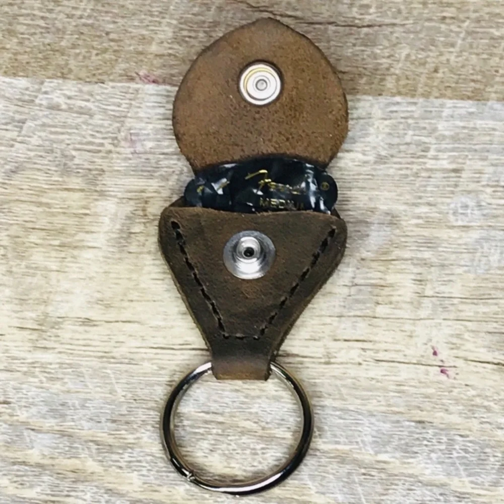 Leather Guitar Pick holder keychain smooth brown oil tan